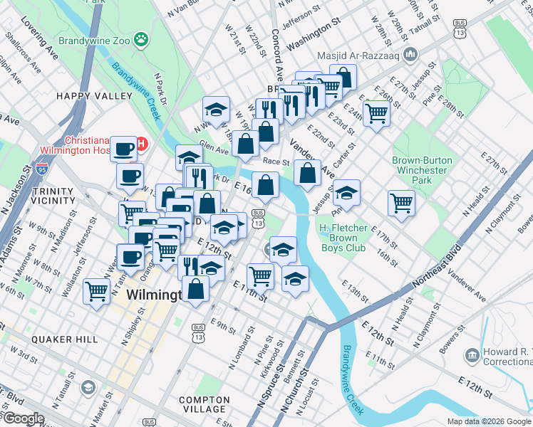 map of restaurants, bars, coffee shops, grocery stores, and more near in Wilmington