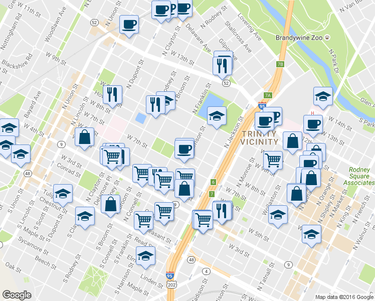 map of restaurants, bars, coffee shops, grocery stores, and more near 805 North Harrison Street in Wilmington