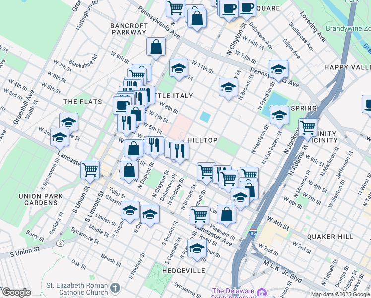 map of restaurants, bars, coffee shops, grocery stores, and more near 524 North Clayton Street in Wilmington