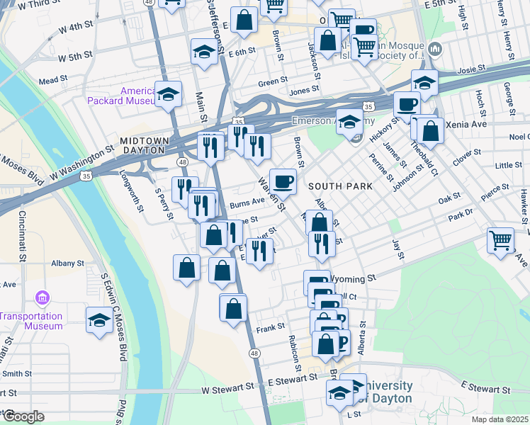 map of restaurants, bars, coffee shops, grocery stores, and more near 75 Vine Street in Dayton