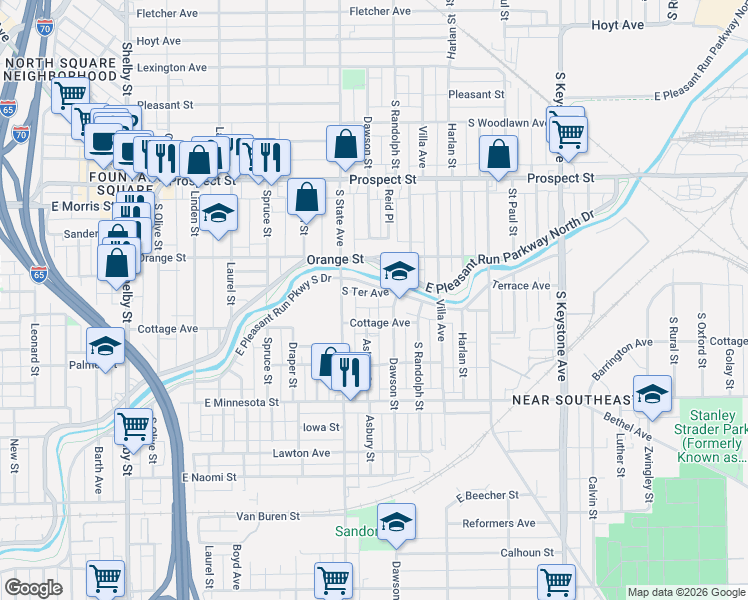 map of restaurants, bars, coffee shops, grocery stores, and more near 1761 East Pleasant Run Parkway South Drive in Indianapolis