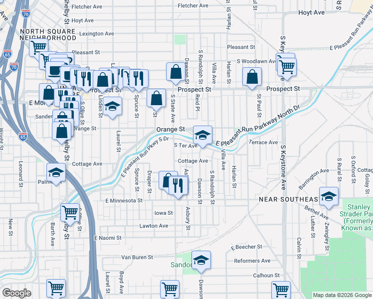 map of restaurants, bars, coffee shops, grocery stores, and more near 1715 Terrace Avenue in Indianapolis