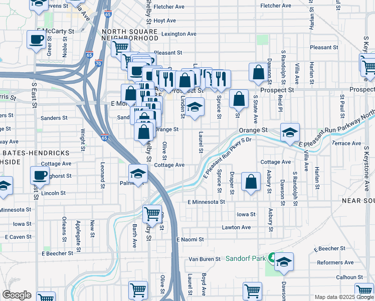 map of restaurants, bars, coffee shops, grocery stores, and more near 1416 Laurel Street in Indianapolis
