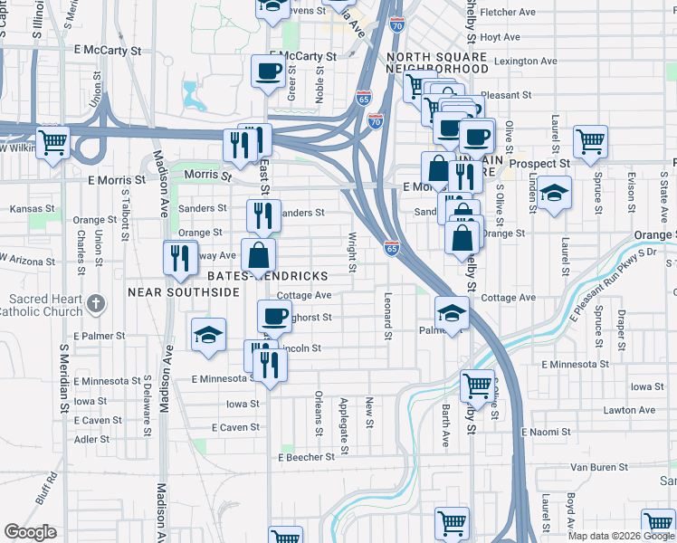 map of restaurants, bars, coffee shops, grocery stores, and more near 730 Terrace Avenue in Indianapolis