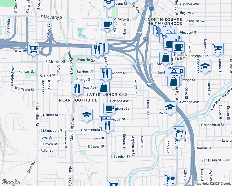 map of restaurants, bars, coffee shops, grocery stores, and more near 614 Terrace Avenue in Indianapolis