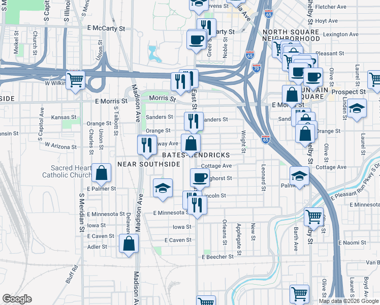 map of restaurants, bars, coffee shops, grocery stores, and more near in Indianapolis