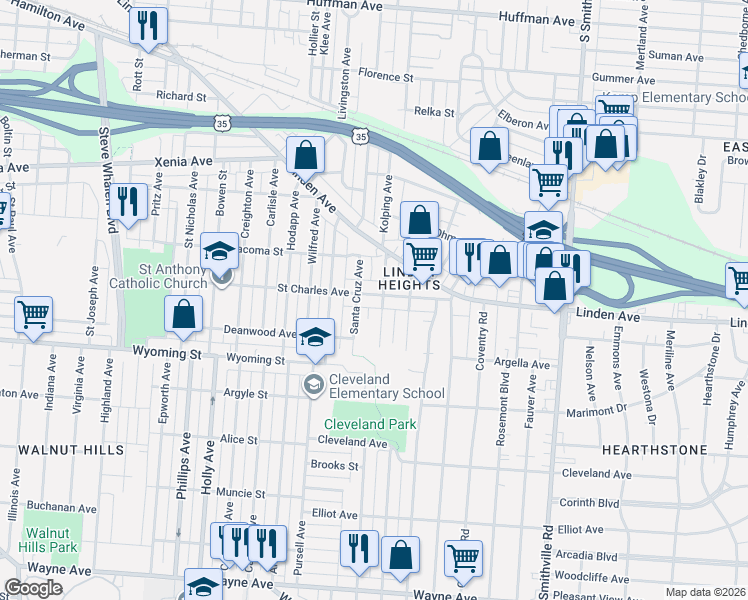 map of restaurants, bars, coffee shops, grocery stores, and more near 2510 Saint Charles Avenue in Dayton