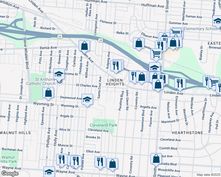 map of restaurants, bars, coffee shops, grocery stores, and more near 2510 Saint Charles Avenue in Dayton