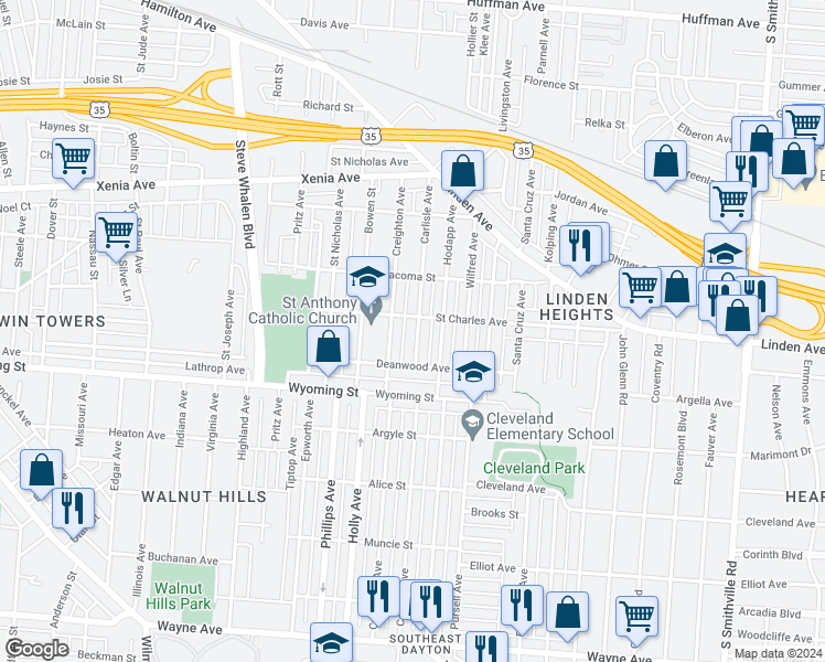 map of restaurants, bars, coffee shops, grocery stores, and more near 817 Carlisle Avenue in Dayton
