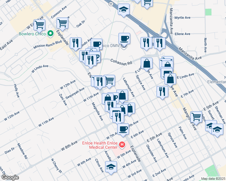 map of restaurants, bars, coffee shops, grocery stores, and more near 2020 Esplanade in Chico