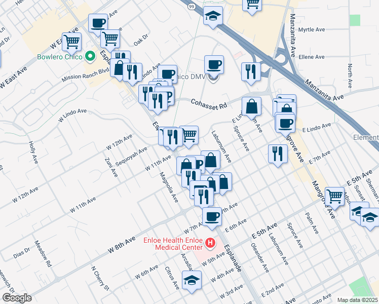map of restaurants, bars, coffee shops, grocery stores, and more near 2020 Esplanade in Chico