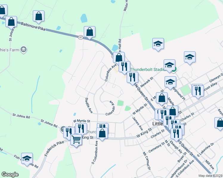 map of restaurants, bars, coffee shops, grocery stores, and more near 87 South Gala in Littlestown