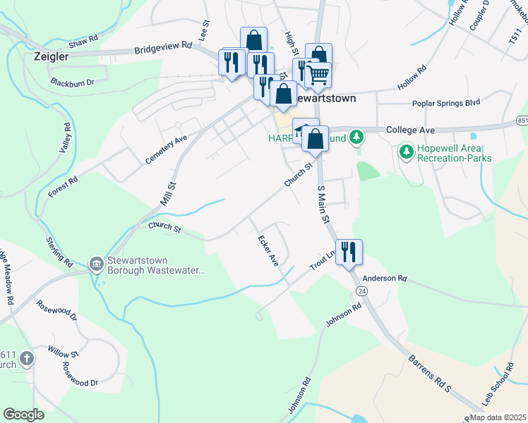 map of restaurants, bars, coffee shops, grocery stores, and more near 28 Church Street in Stewartstown