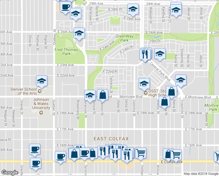 map of restaurants, bars, coffee shops, grocery stores, and more near 2095 Tamarac Street in Denver
