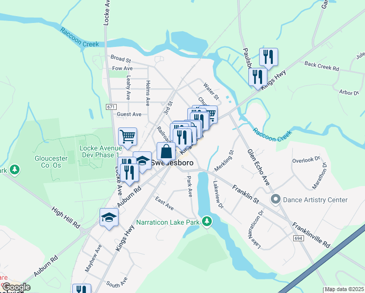 map of restaurants, bars, coffee shops, grocery stores, and more near 1409 Kings Highway in Swedesboro