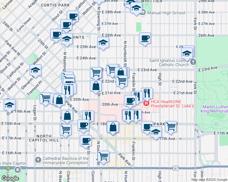map of restaurants, bars, coffee shops, grocery stores, and more near 2105 Lafayette Street in Denver