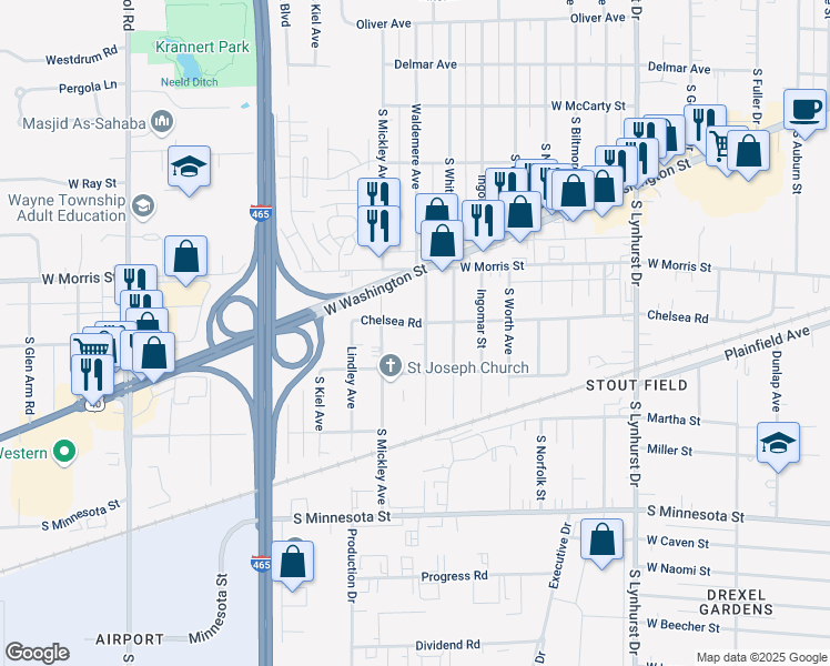 map of restaurants, bars, coffee shops, grocery stores, and more near 1318 Waldemere Avenue in Indianapolis