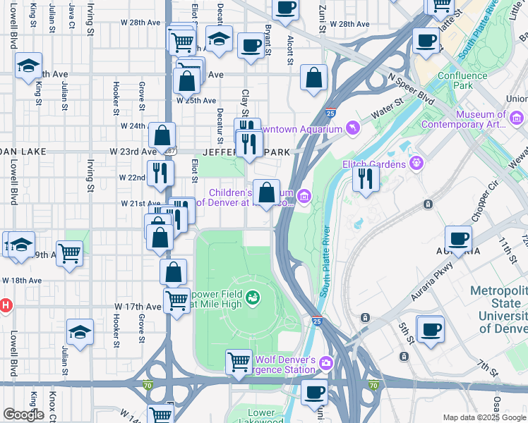 map of restaurants, bars, coffee shops, grocery stores, and more near 2043 Bryant Street in Denver