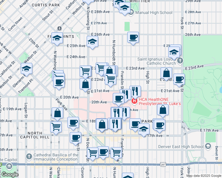 map of restaurants, bars, coffee shops, grocery stores, and more near 2101 Humboldt Street in Denver