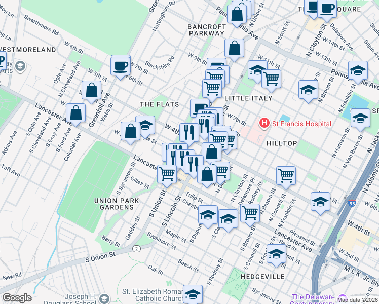 map of restaurants, bars, coffee shops, grocery stores, and more near 224 North Union Street in Wilmington