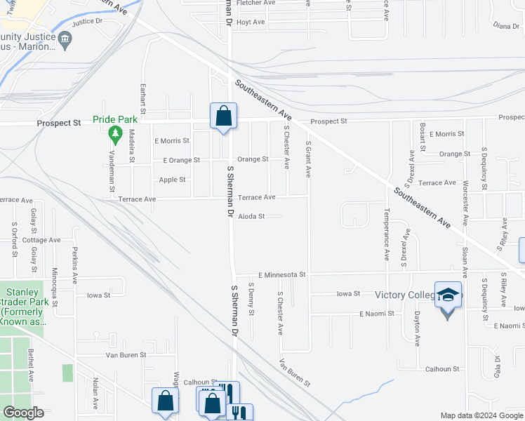 map of restaurants, bars, coffee shops, grocery stores, and more near 3822 Aloda Street in Indianapolis