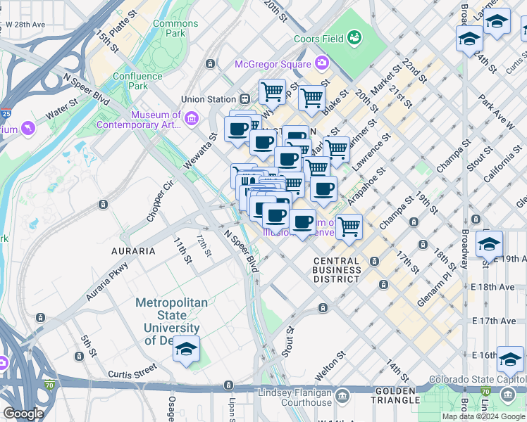 map of restaurants, bars, coffee shops, grocery stores, and more near 1440 Market Street in Denver