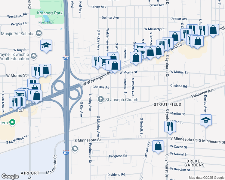 map of restaurants, bars, coffee shops, grocery stores, and more near 1305 Waldemere Avenue in Indianapolis