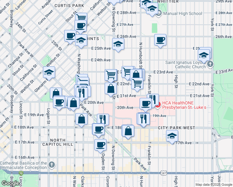 map of restaurants, bars, coffee shops, grocery stores, and more near 2100 Downing Street in Denver