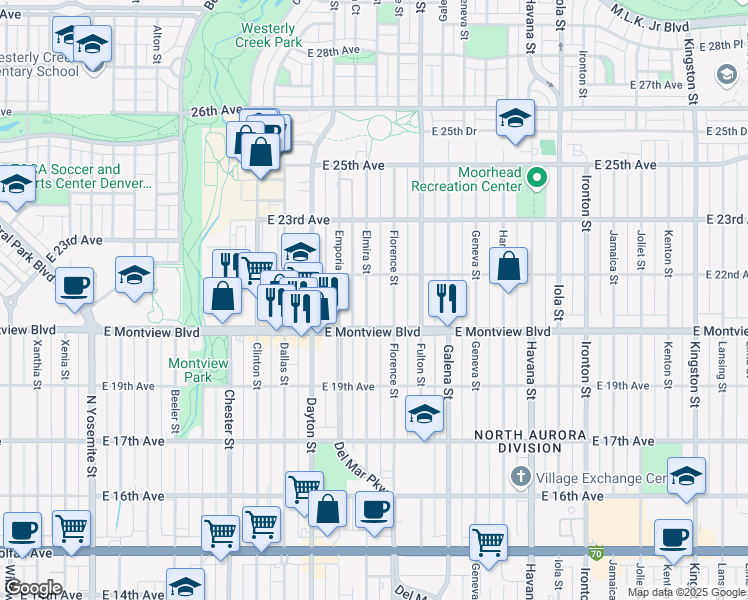 map of restaurants, bars, coffee shops, grocery stores, and more near 2070 Elmira Street in Aurora