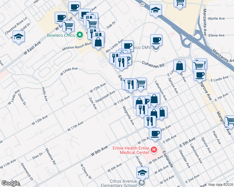 map of restaurants, bars, coffee shops, grocery stores, and more near 2129 Iroquois Ave in Chico