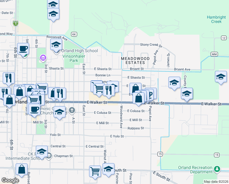 map of restaurants, bars, coffee shops, grocery stores, and more near East Swift Street in Orland