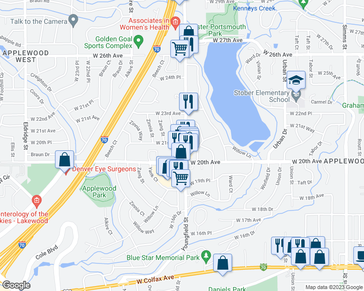 map of restaurants, bars, coffee shops, grocery stores, and more near 12800 West 21st Avenue in Golden