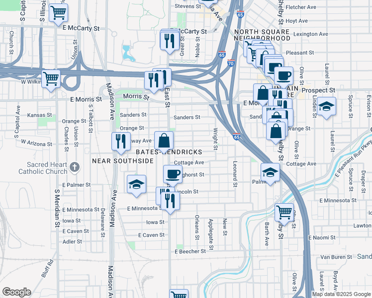 map of restaurants, bars, coffee shops, grocery stores, and more near 614 Terrace Avenue in Indianapolis
