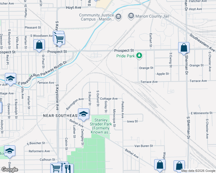 map of restaurants, bars, coffee shops, grocery stores, and more near 1323 Golay Street in Indianapolis