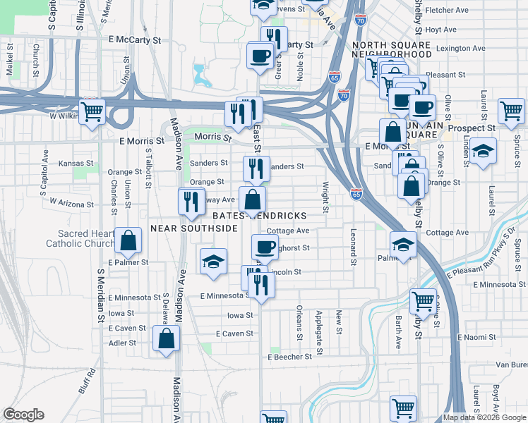 map of restaurants, bars, coffee shops, grocery stores, and more near in Indianapolis