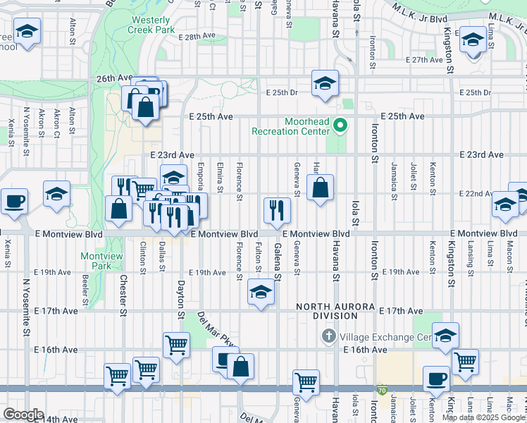 map of restaurants, bars, coffee shops, grocery stores, and more near 2056 Fulton Street in Aurora