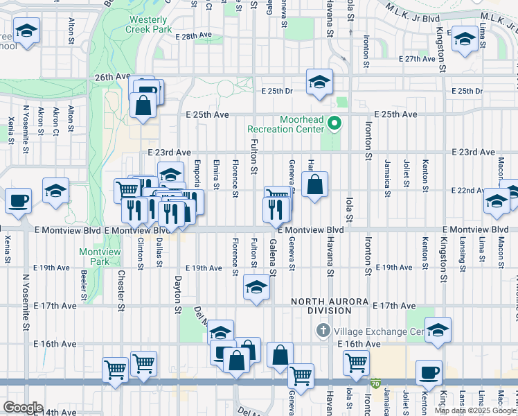 map of restaurants, bars, coffee shops, grocery stores, and more near 2056 Fulton Street in Aurora