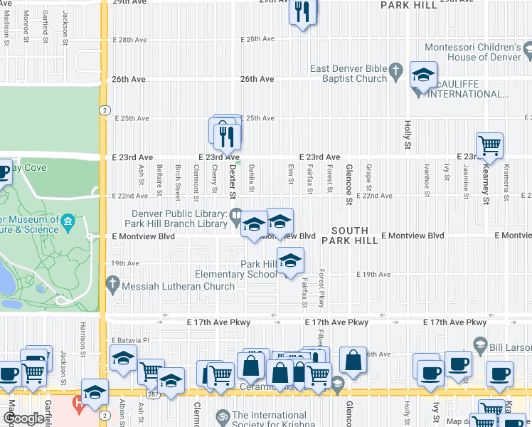 map of restaurants, bars, coffee shops, grocery stores, and more near 2051 Eudora Street in Denver