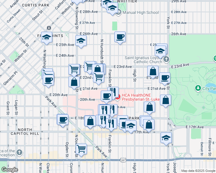 map of restaurants, bars, coffee shops, grocery stores, and more near 2101 Franklin Street in Denver