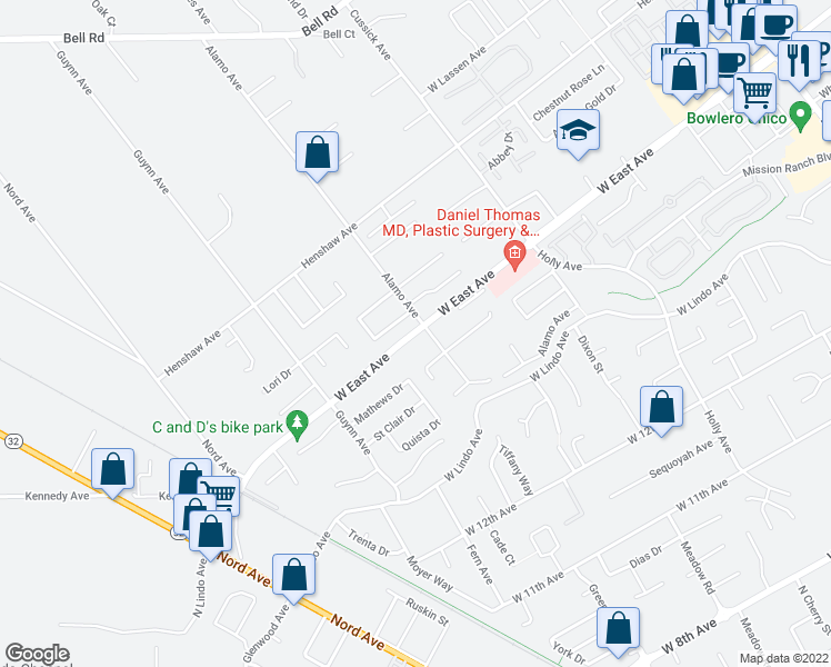 map of restaurants, bars, coffee shops, grocery stores, and more near in Chico