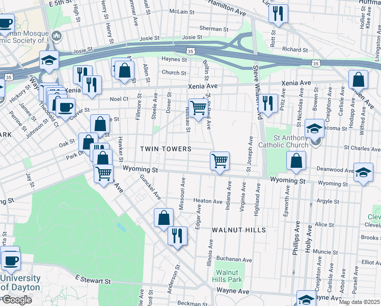 map of restaurants, bars, coffee shops, grocery stores, and more near 1102 Beaumont Avenue in Dayton