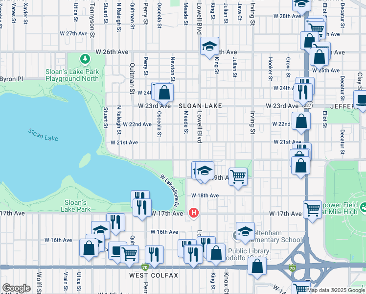 map of restaurants, bars, coffee shops, grocery stores, and more near 2047 Meade Street in Denver