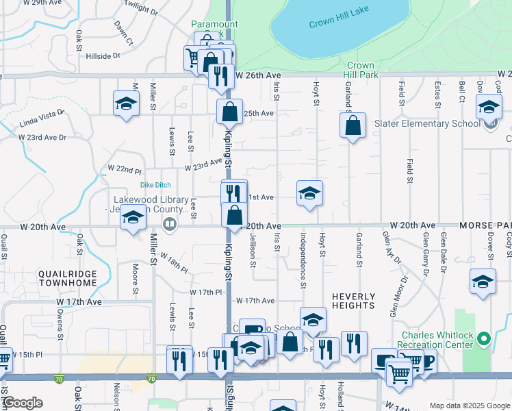 map of restaurants, bars, coffee shops, grocery stores, and more near 9840 West 21st Avenue in Lakewood