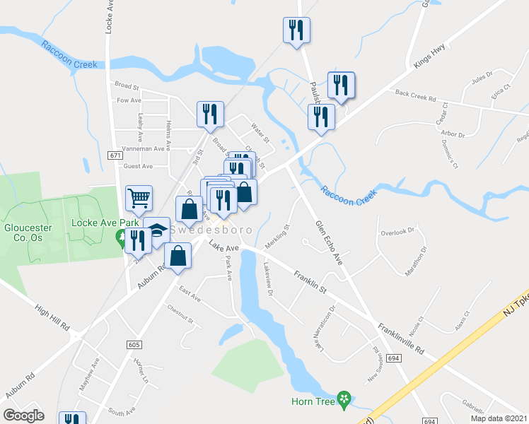 map of restaurants, bars, coffee shops, grocery stores, and more near 45 Franklin Street in Swedesboro