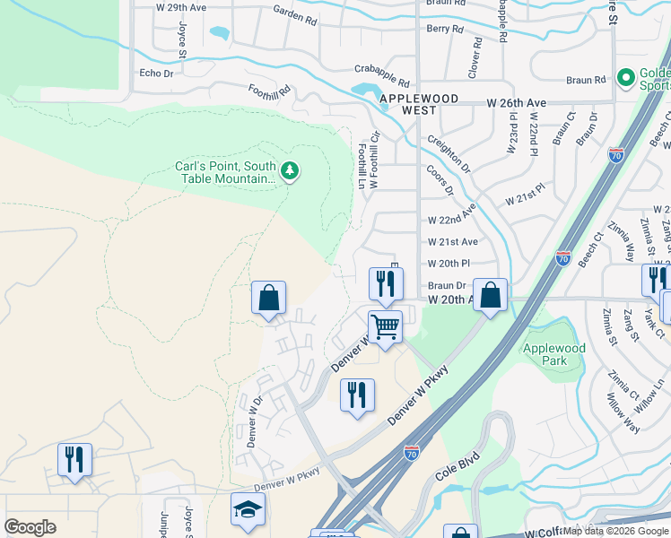 map of restaurants, bars, coffee shops, grocery stores, and more near 2095 Elderberry Road in Golden