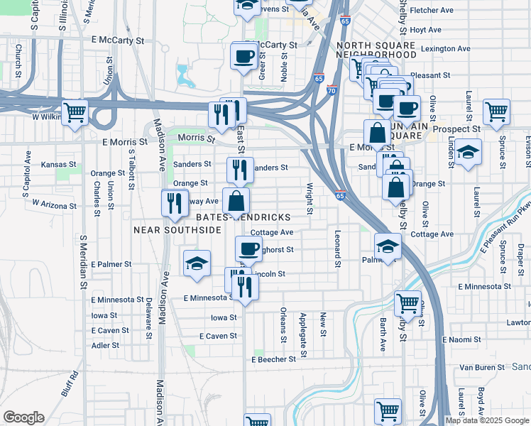 map of restaurants, bars, coffee shops, grocery stores, and more near 614 Terrace Avenue in Indianapolis