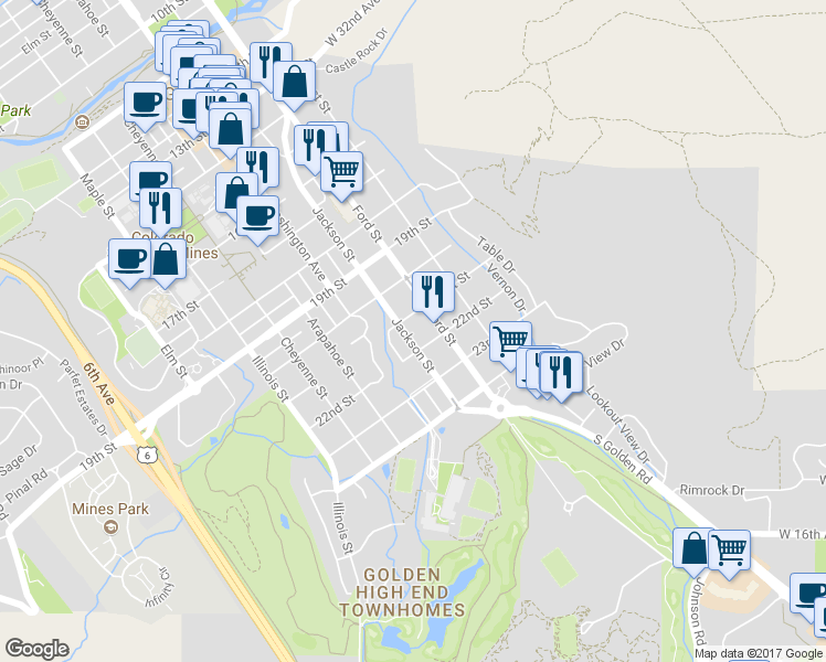 map of restaurants, bars, coffee shops, grocery stores, and more near 2109 Jackson Street in Golden