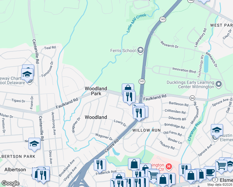 map of restaurants, bars, coffee shops, grocery stores, and more near 1825 Faulkland Road in Wilmington
