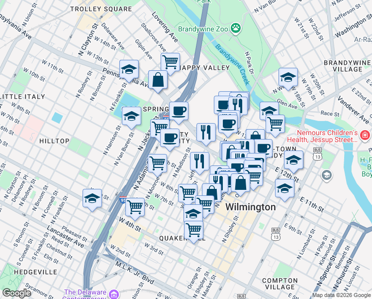 map of restaurants, bars, coffee shops, grocery stores, and more near 1009 North Madison Street in Wilmington