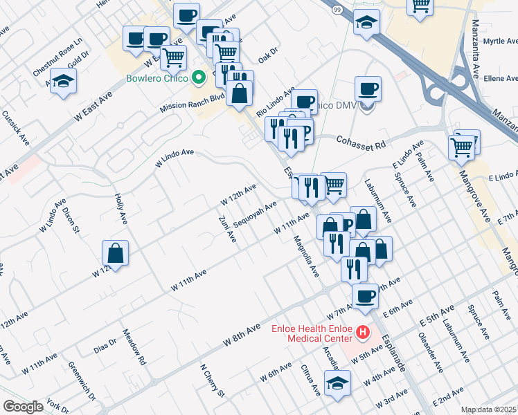 map of restaurants, bars, coffee shops, grocery stores, and more near 2155 Algonkin Avenue in Chico
